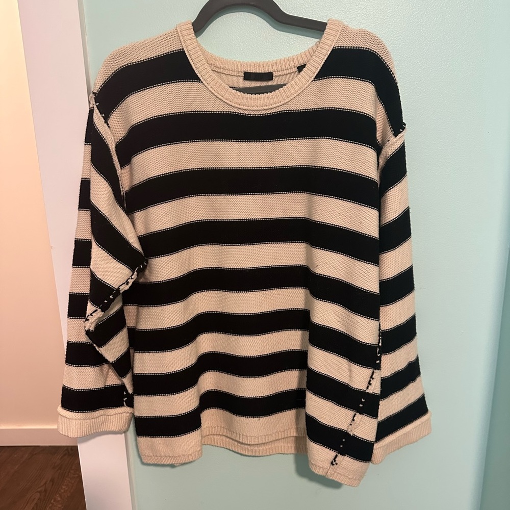 ATM 100% Merino Wool Striped Black and Cream Knit Crewneck Sweater Size S